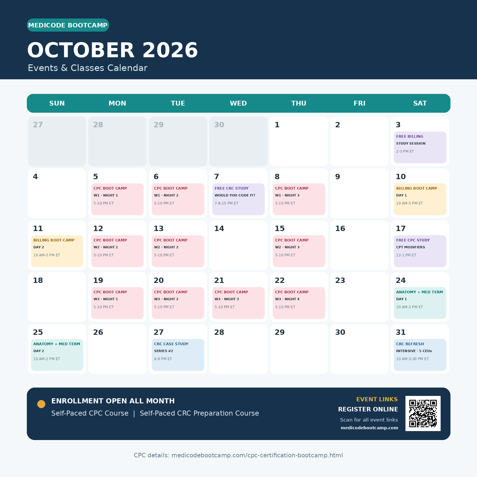 MediCode Bootcamp October 2026 calendar showing the full three-week CPC Boot Camp, free CPC, CRC and billing study sessions, Medical Billing Boot Camp, CRC Case Study Series, Anatomy and Medical Terminology Boot Camp, CRC Exam Review, and CRC Refresh Intensive